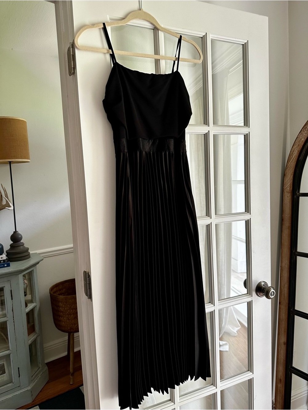 Max Studio Black Pleated Midi Dress with Spaghetti Straps